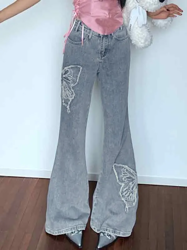 Wenkouban Flared trousers with butterfly embroidery