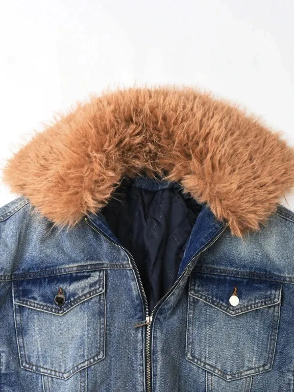 Wenkouban-Winter outfits Christmas Black Friday Fur Collar Double Zipper Thick Short Denim Coat