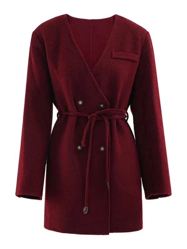 Wenkouban-Winter outfits Christmas Black Friday Wine Red V-Neck Double Breasted Wool Blend Coat with Belt