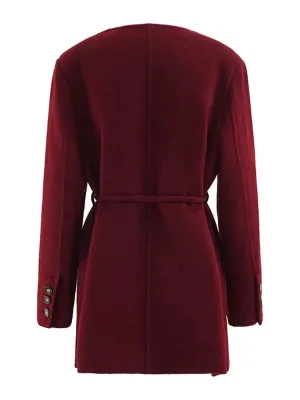 Wenkouban-Winter outfits Christmas Black Friday Wine Red V-Neck Double Breasted Wool Blend Coat with Belt