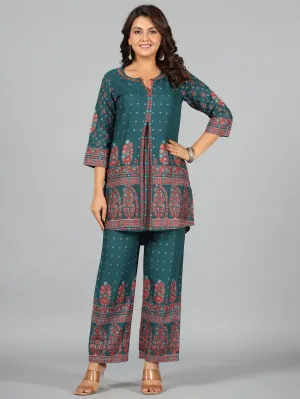 Women Green Rayon Printed Kurta & Pants Set