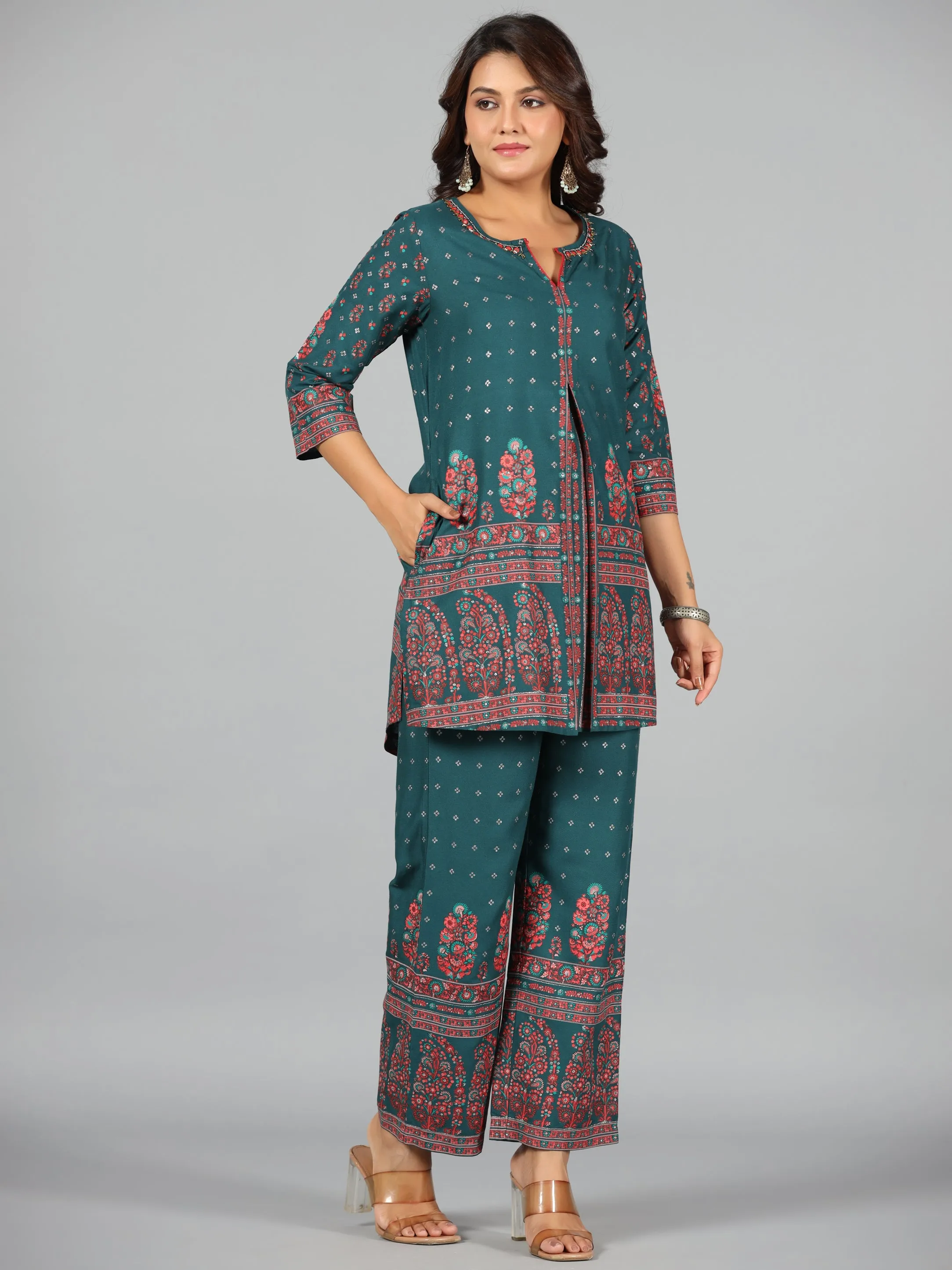 Women Green Rayon Printed Kurta & Pants Set