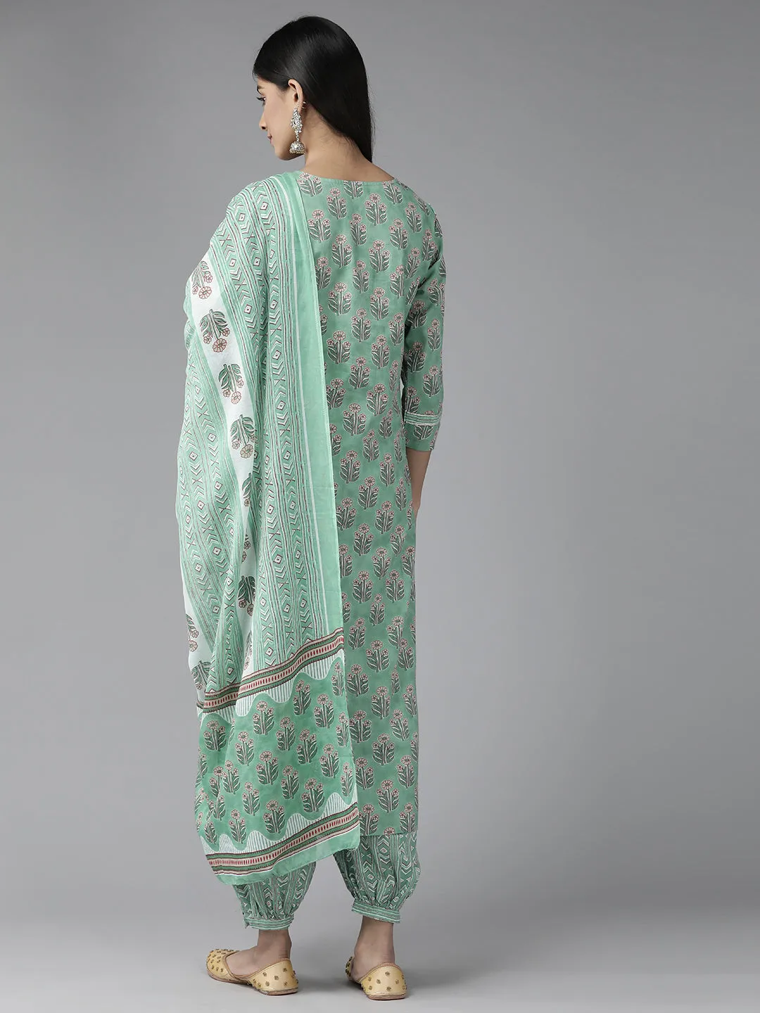 Women Sea Green Pure Cotton Kurta Set With Dupatta