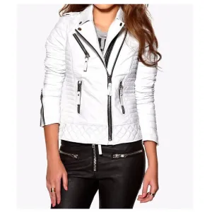 Women Soft Slim Fit Motorcycle Leather Jacket White