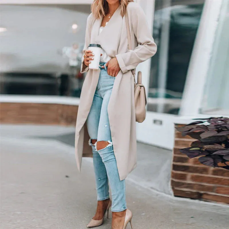 Women Turn-down Collar Office Cardigan Spring Solid Loose Long Tops Outerwear Coat